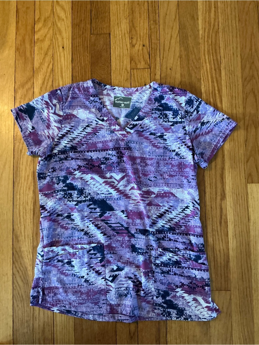 Butter Purple Patterned V-Neck Short Sleeve Top